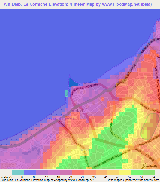 Ain Diab, La Corniche,Morocco Elevation Map