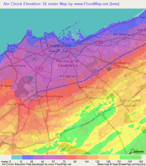 Ain Chock,Morocco Elevation Map