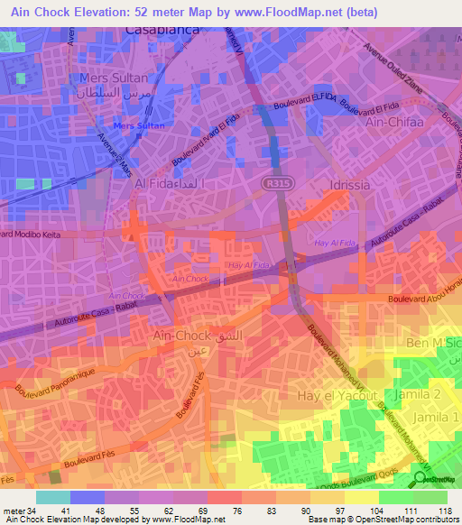 Ain Chock,Morocco Elevation Map