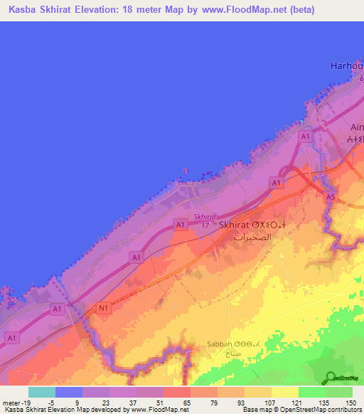 Kasba Skhirat,Morocco Elevation Map