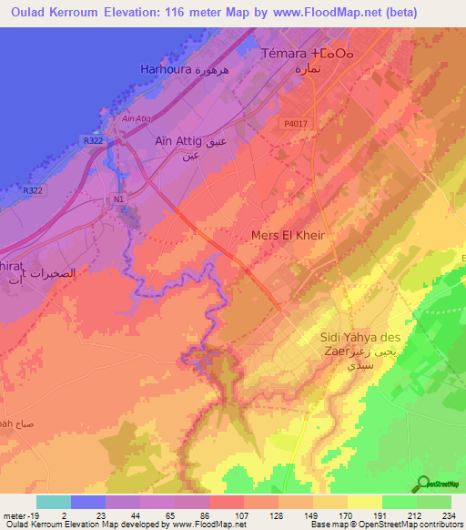 Oulad Kerroum,Morocco Elevation Map