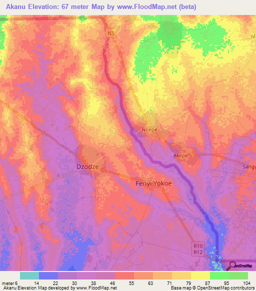 Akanu,Ghana Elevation Map