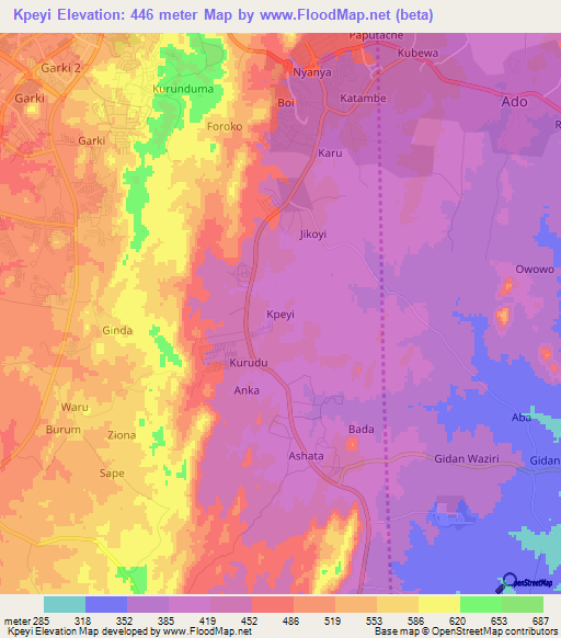 Kpeyi,Nigeria Elevation Map