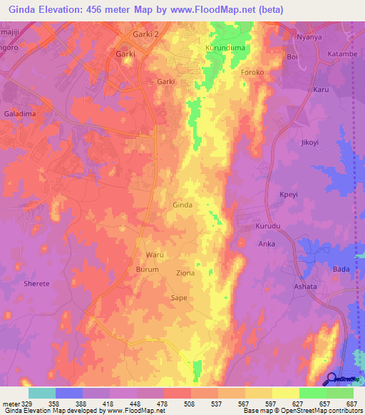 Ginda,Nigeria Elevation Map