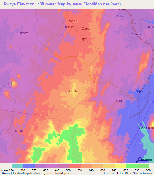 Kwaye,Nigeria Elevation Map