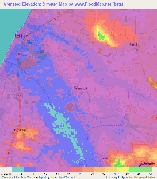 Vrensted,Denmark Elevation Map