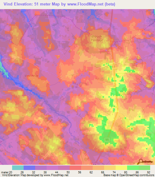 Vind,Denmark Elevation Map