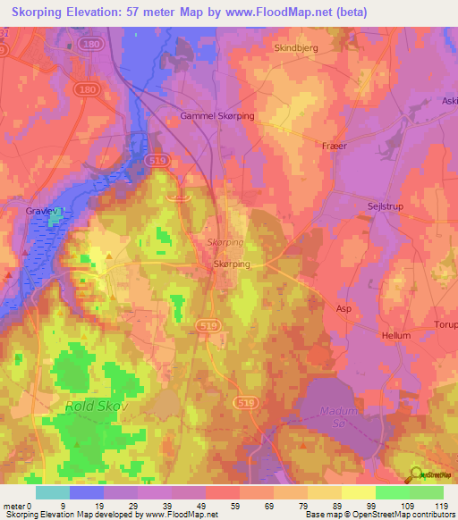 Skorping,Denmark Elevation Map