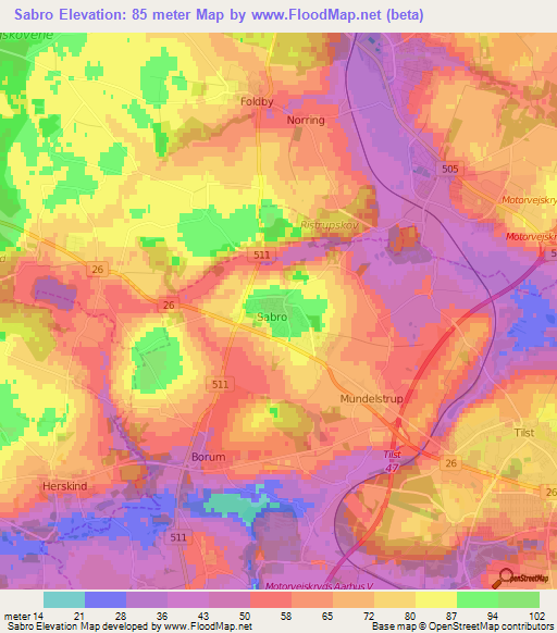 Sabro,Denmark Elevation Map