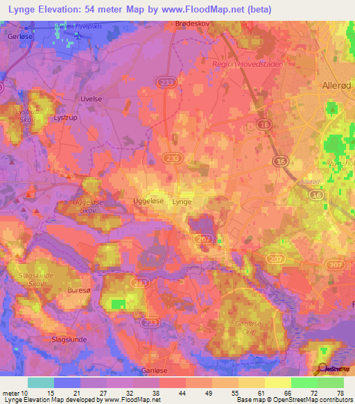 Lynge,Denmark Elevation Map