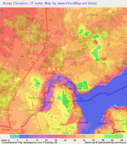 Krusa,Denmark Elevation Map