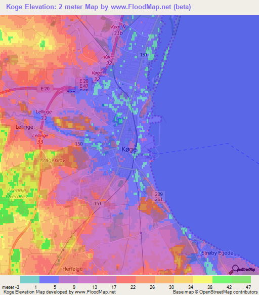 Koge,Denmark Elevation Map