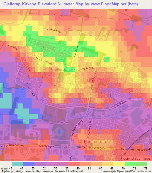 Gjellerup Kirkeby,Denmark Elevation Map