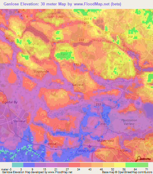 Ganlose,Denmark Elevation Map