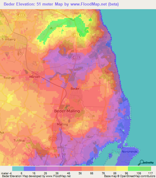 Beder,Denmark Elevation Map