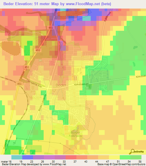 Beder,Denmark Elevation Map