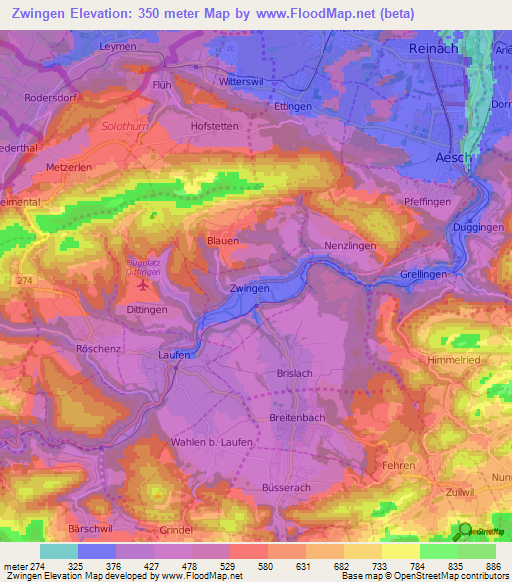 Zwingen,Switzerland Elevation Map