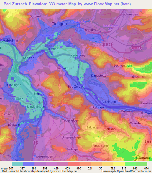 Bad Zurzach,Switzerland Elevation Map