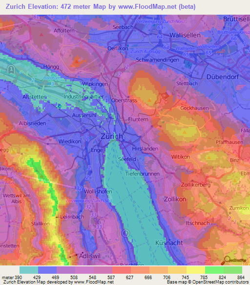 Zurich,Switzerland Elevation Map