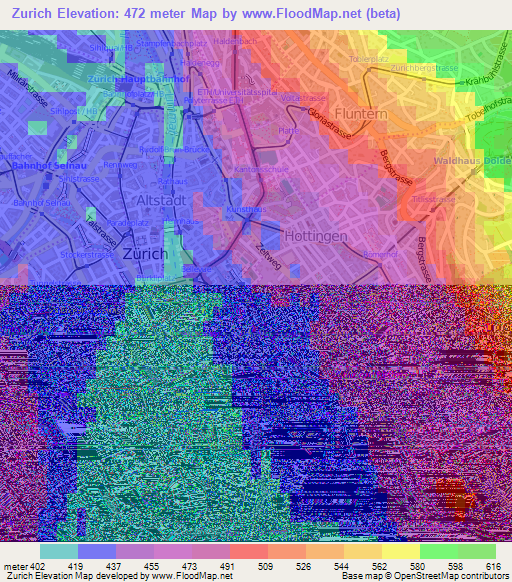 Zurich,Switzerland Elevation Map