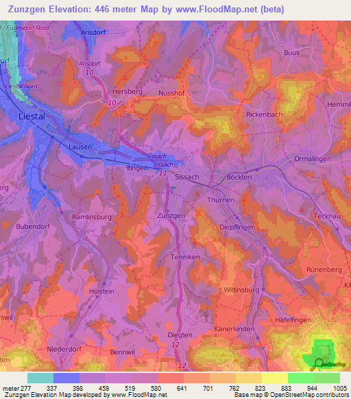 Zunzgen,Switzerland Elevation Map