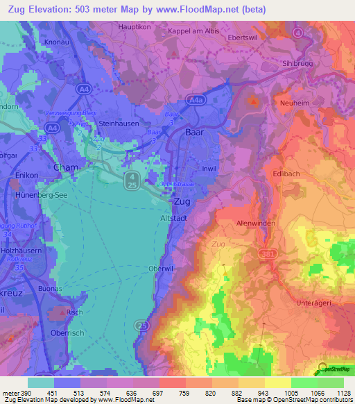 Zug,Switzerland Elevation Map