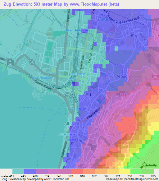 Zug,Switzerland Elevation Map