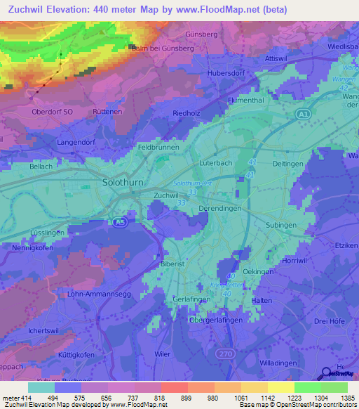 Zuchwil,Switzerland Elevation Map