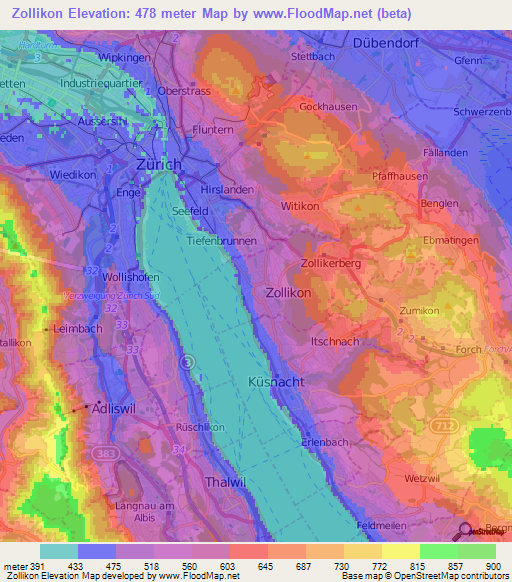 Zollikon,Switzerland Elevation Map