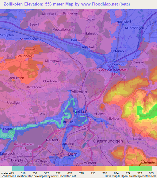 Zollikofen,Switzerland Elevation Map