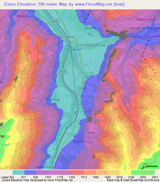 Zizers,Switzerland Elevation Map