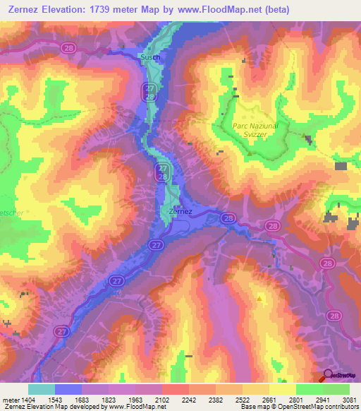 Zernez,Switzerland Elevation Map