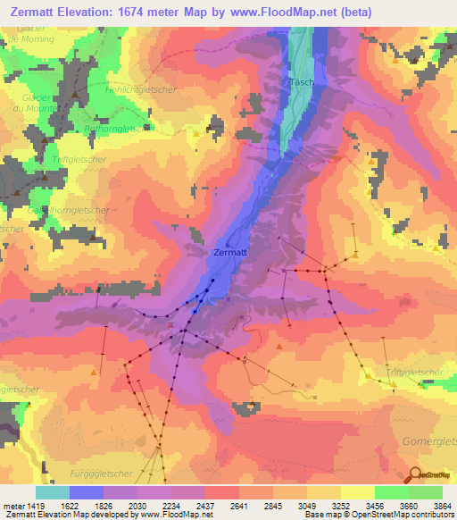 Zermatt,Switzerland Elevation Map