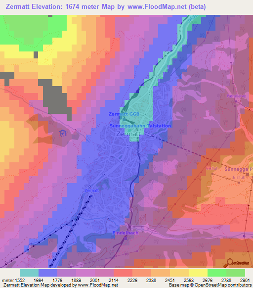Zermatt,Switzerland Elevation Map