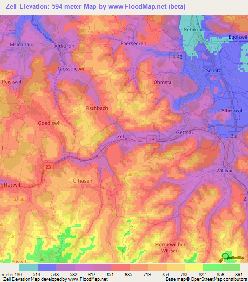 Zell,Switzerland Elevation Map