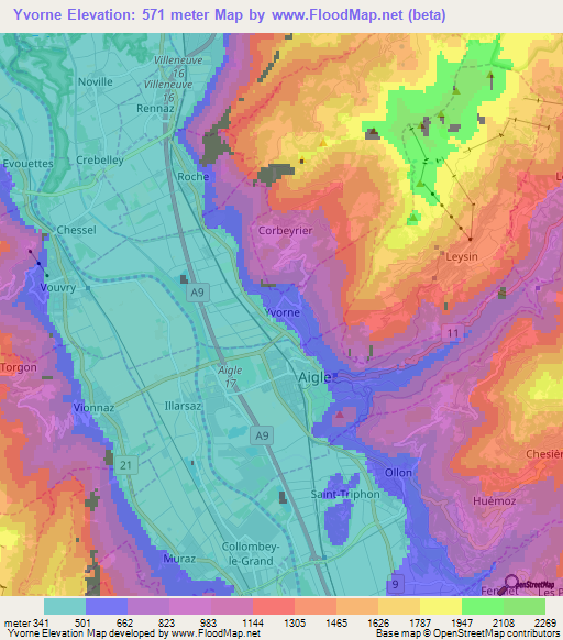 Yvorne,Switzerland Elevation Map