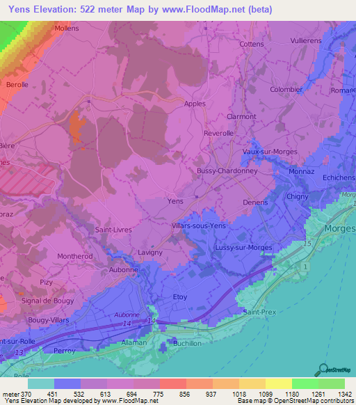 Yens,Switzerland Elevation Map
