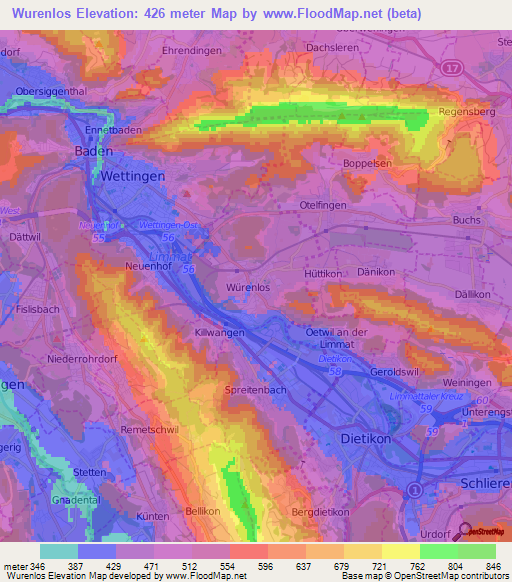 Wurenlos,Switzerland Elevation Map