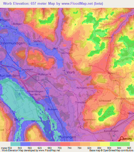 Worb,Switzerland Elevation Map
