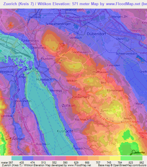 Zuerich (Kreis 7) / Witikon,Switzerland Elevation Map