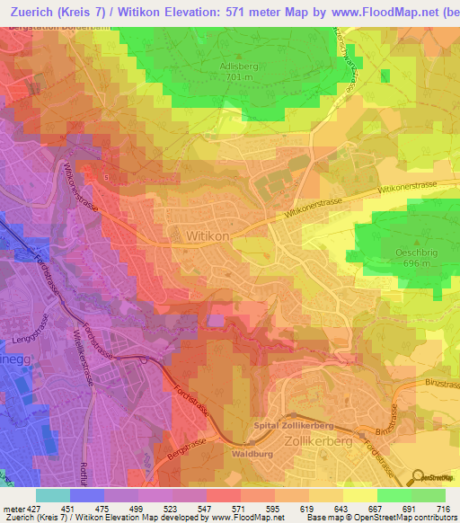 Zuerich (Kreis 7) / Witikon,Switzerland Elevation Map