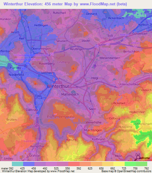 Winterthur,Switzerland Elevation Map