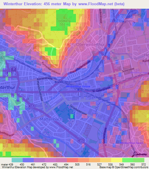 Winterthur,Switzerland Elevation Map