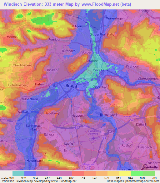 Windisch,Switzerland Elevation Map