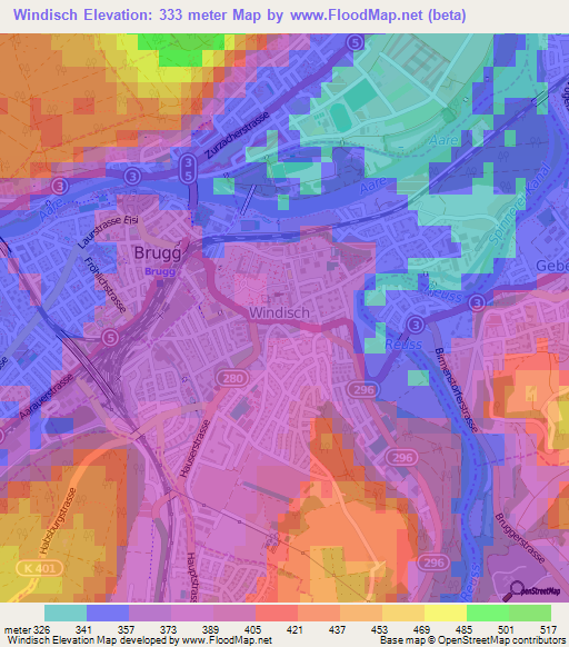 Windisch,Switzerland Elevation Map