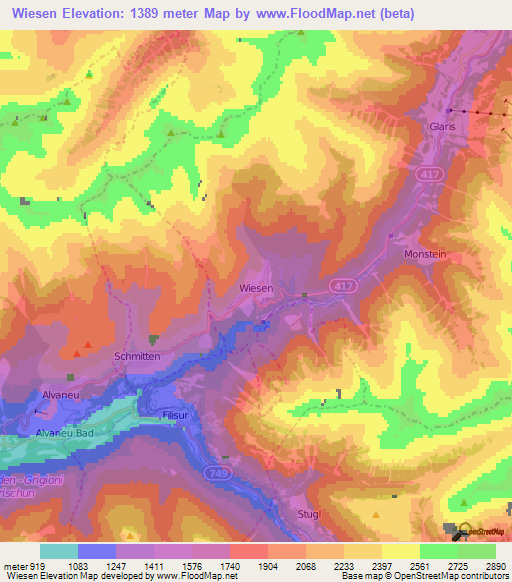 Wiesen,Switzerland Elevation Map