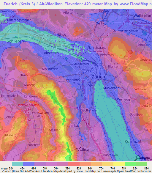 Zuerich (Kreis 3) / Alt-Wiedikon,Switzerland Elevation Map