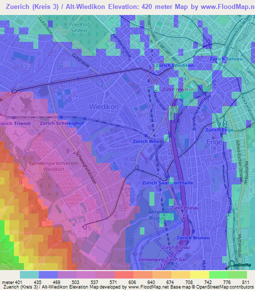 Zuerich (Kreis 3) / Alt-Wiedikon,Switzerland Elevation Map