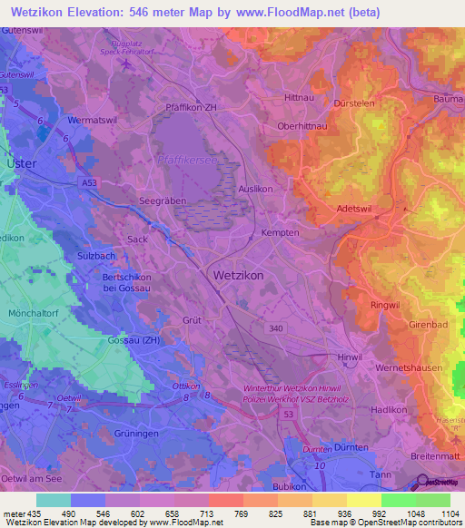 Wetzikon,Switzerland Elevation Map