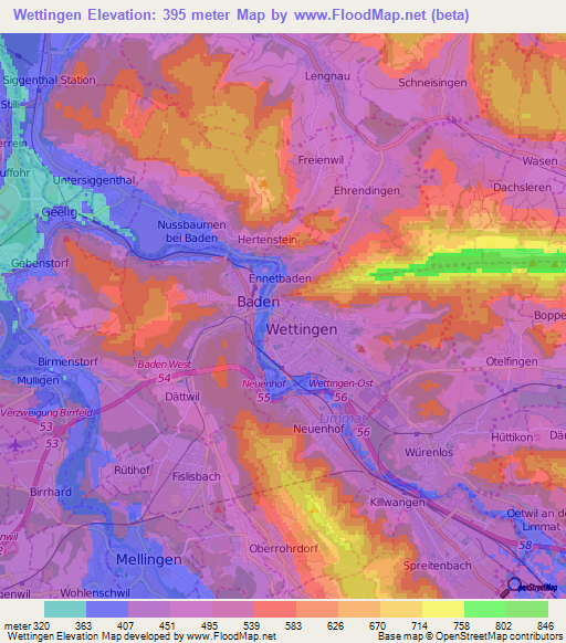 Wettingen,Switzerland Elevation Map